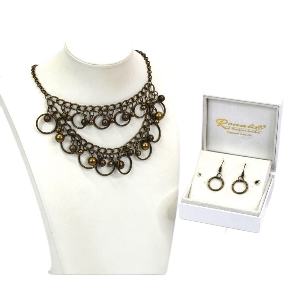 Ronaldo Brass Hoop Bead Necklace French Wire Earrings Set